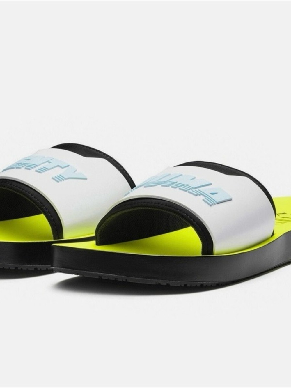 White & Neon Yellow Slide Sandals